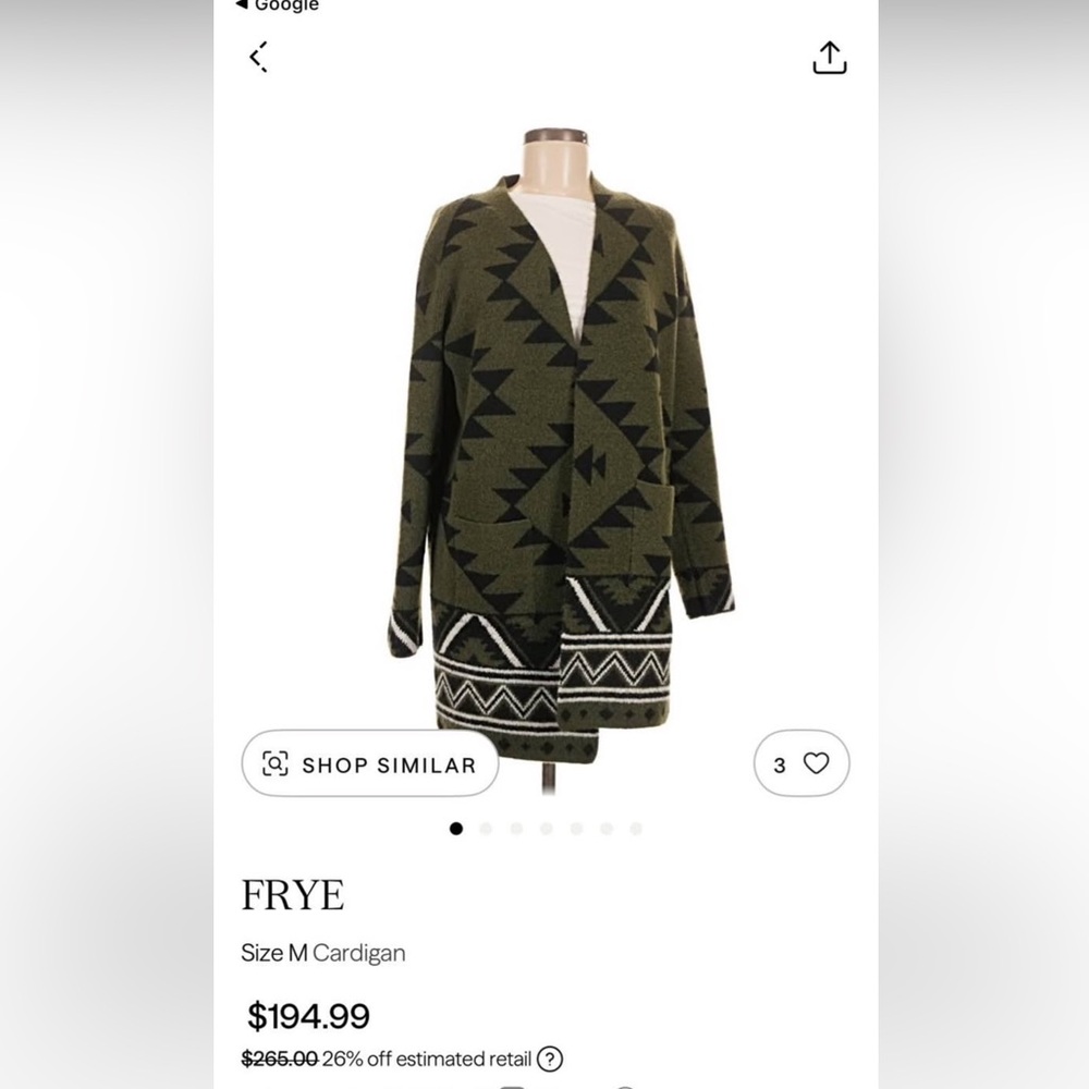 FRYE Olive & Black Geometric Open Cardigan